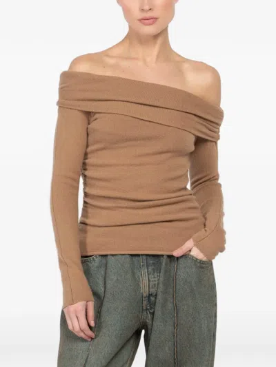 The Sei Off-shoulder Long-sleeve Top In Brown