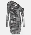The Sei Long Sleeve Asymmetrical Mini Dress In Silver Foil In Silver