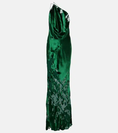 The Sei One-shoulder Satin And Velvet Gown In Green