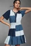 The Somerset Collection By Anthropologie The Somerset Mini Dress: Patchwork Edition In Blue
