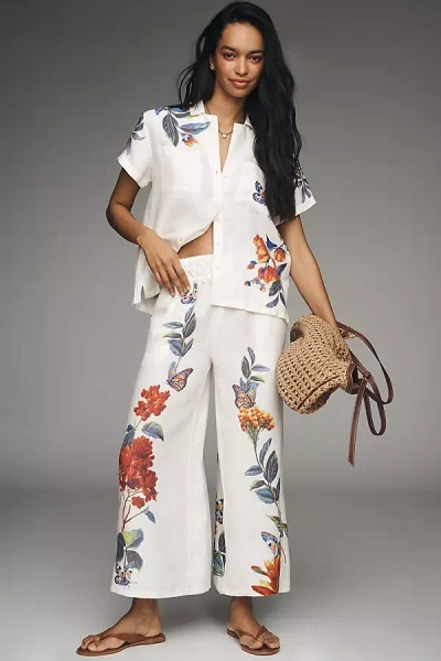The Somerset Collection By Anthropologie The Somerset Printed-linen Pull-on Pants In White