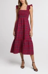 The Standard Stitch The Flounce Smocked Midi Dress In Red