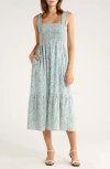 The Standard Stitch The Smocked Ruffle Tank Midi Dress In Blue