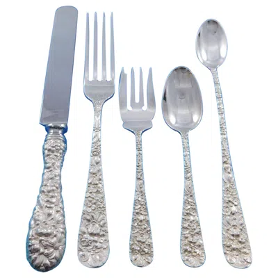 Pre-owned The Stieff Co. 1 Rose By Stieff Sterling Silver Flatware Set For 12 Service 60 Pc Repousse Dinner In Red