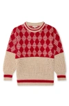 The Sunday Collective Kids' Diamond Pattern Mixed Stitch Crewneck Sweater In Light/pastel Grey