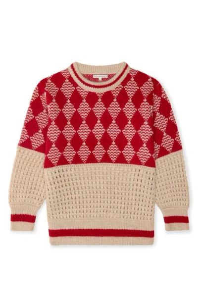 The Sunday Collective Kids' Diamond Pattern Mixed Stitch Crewneck Sweater In Light/pastel Grey