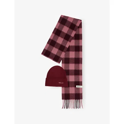 The Tartan Blanket Co. Womens Burgundy Exclusive Check Ribbed Hat And Scarf Wool Set In Multi