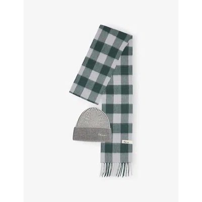 The Tartan Blanket Co. Womens Green & Grey Exclusive Check Ribbed Hat Ans Scarf Wool Set