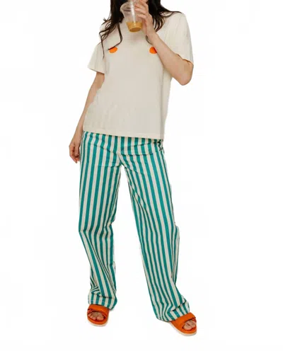 The Tiny Big Sister Striped Berta Long Denim In Off-white/emerald In Multi