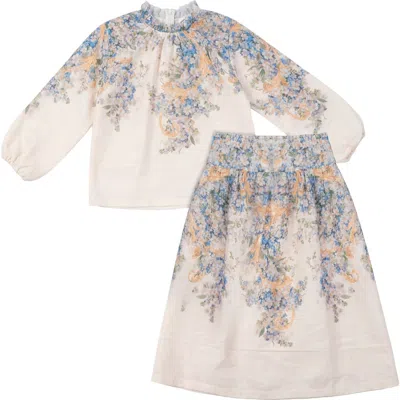 The Umbrella Academy Kids'  Border Floral Ruffled Blouse & Skirt 2 Piece Set In White