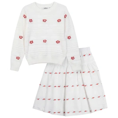 The Umbrella Academy Kids'  Floral Jacquard Sweater And Elastic Waist Skirt Two Piece Set In White