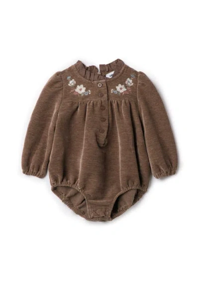 The Umbrella Academy Babies'  Girl Velvet Floral Embroidered Ruffle Neck Romper In Brown