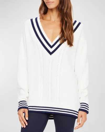 The Upside The Louie Organic Cotton Contrast Stripe V-neck Sweater In White