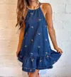 The Vintage Shop Flower Dot Mini Dress In Denim In Blue