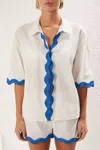 The Vintage Shop Wavy Detail Short Sleeve Top And Short Set In Natural/royal