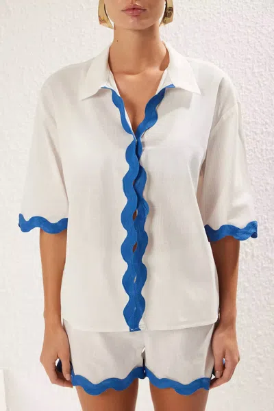 The Vintage Shop Wavy Detail Short Sleeve Top And Short Set In Natural/royal In Multi