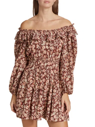 The Westside Layla Off-the-shoulder Minidress In Brown Multicolor