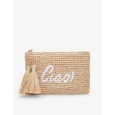 The White Company Natural Ciao Embroidered Raffia Pouch In Burgundy