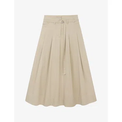 The White Company S Beige Belted-waist High-rise Cotton-blend Midi Skirt In White