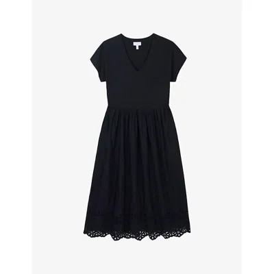 The White Company S Broderie-hem V-neck Cotton-jersey Midi Dress Black Xs