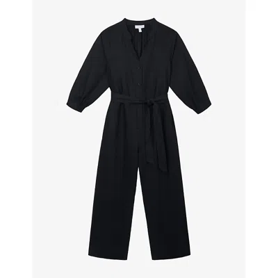 The White Company S Black V-neck Button-down Linen Jumpsuit