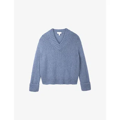 The White Company S V-neck Knitted Wool-blend Jumper Blue Marl
