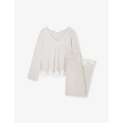 The White Company S Cloud Marl Long-sleeve Lace-applique Stretch-jersey Pyjamas In Gray