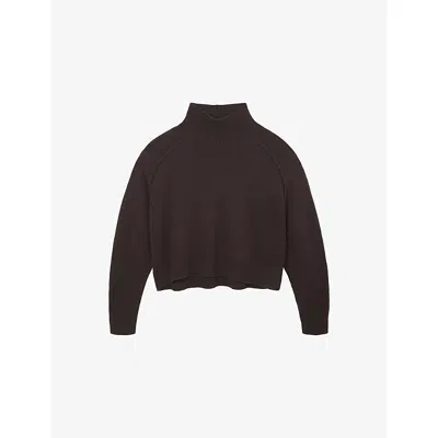 The White Company S Dark Choc Funnel-neck Relaxed-fit Wool-blend Jumper Xs In Burgundy