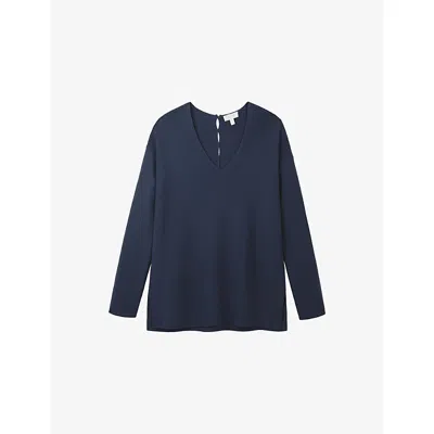 The White Company S Deep Water V-neck Button-down Textured Cotton Jumper In Blue