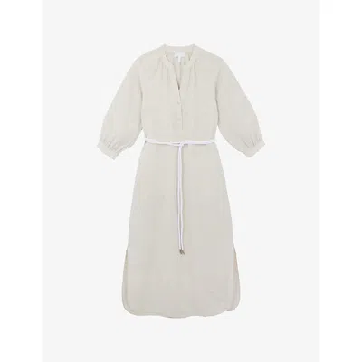The White Company S Flax Belted-waist V-neck Linen Midi Dress In Gray