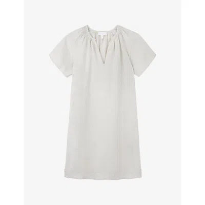 The White Company S Flax V-neck Short-sleeve Linen Shift Mini Dress In Gray
