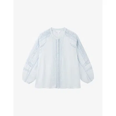 The White Company S Long-sleeved Lace-insert Linen Blouse Ice Blue