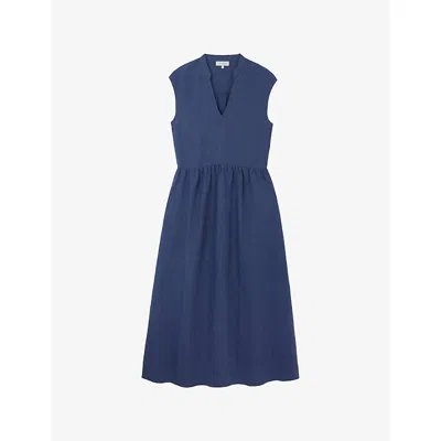 The White Company S Indigo V-neck Linen Midi Dress