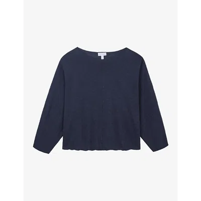 The White Company S Slash-neck Batwing-sleeve Cotton And Linen-blend Jumper Ink In Blue