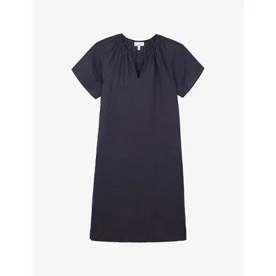 The White Company S V-neck Short-sleeve Linen Shift Mini Dress Ink In Blue