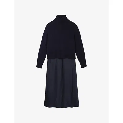 The White Company S Mixed Media Relaxed-fit Wool-blend And Woven Maxi Dress Midnight In Blue