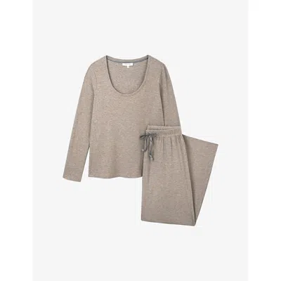 The White Company S Mocha Fine Rib Lounge Stretch-jersey Pyjamas Xs In Brown