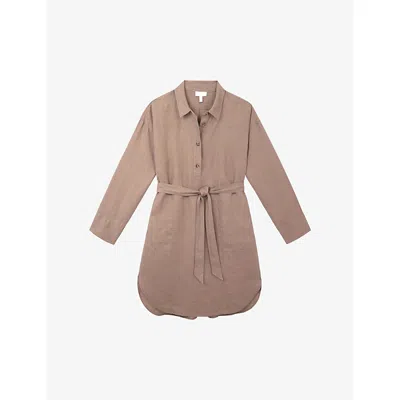 The White Company S Mouse Belted Long-sleeve Linen Knee-length Shirt Dress In Brown