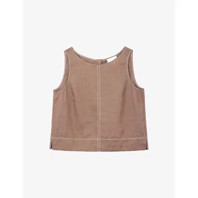The White Company S Mouse Contrast-stitch Buttoned-back Linen Top In Brown
