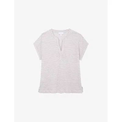 The White Company S Stripe-print Notch-neck Linen-jersey T-shirt Mouse In Pink