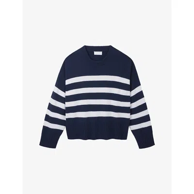 The White Company S Bold-stripe Round-neck Cashmere-blend Jumper Navy In Blue