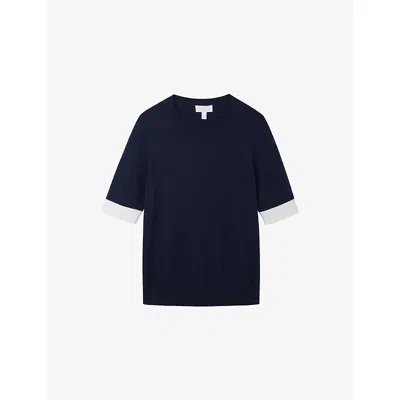 The White Company S Contrast-trim Slim-fit Cotton-blend T-shirt Navy Xl In Blue