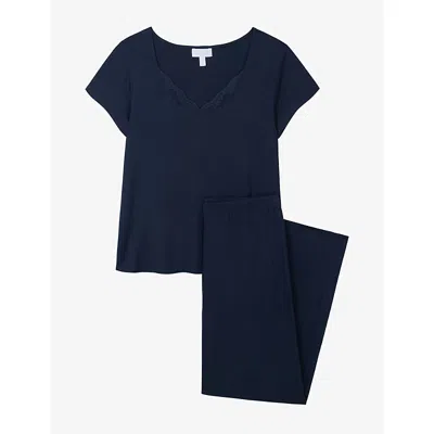 The White Company S Navy Lace-trim Jersey Pyjamas Xs