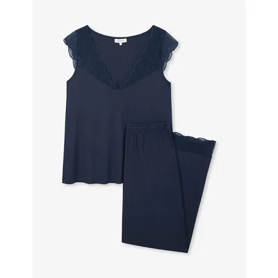 The White Company S Navy Lace-trim Sleeveless Stretch-jersey Pyjamas Xl In Blue