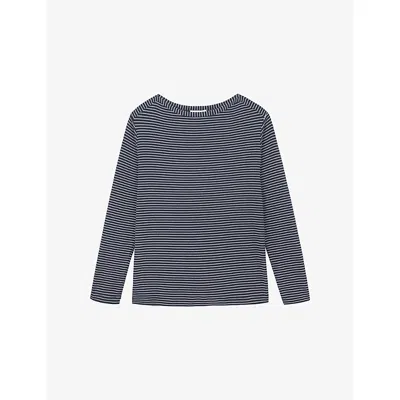 The White Company S Slash-neck Ribbed Modal And Cotton-blend Top Navy/ivory In Blue