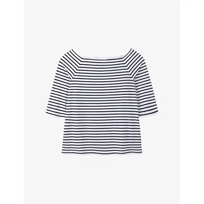 The White Company S  Striped Bardot-neck Cotton-jersey Top In Navy/white