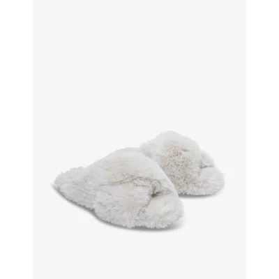 The White Company Womens Pale Grey Crossover-strap Faux-fur Slippers