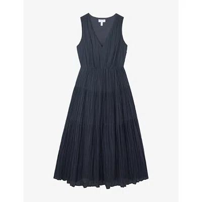 The White Company S Crinkle V-neck Linen-blend Midi Dress Eclipse In Blue