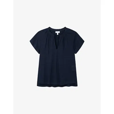The White Company S Ink Frill-trim Short-sleeve Linen-jersey Blouse In Blue