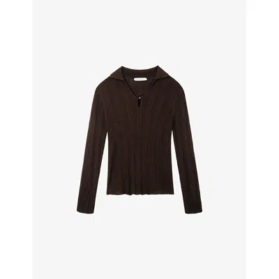 The White Company S  Ribbed Long-sleeve Wool And Cashmere-blend Polo Top In Brown